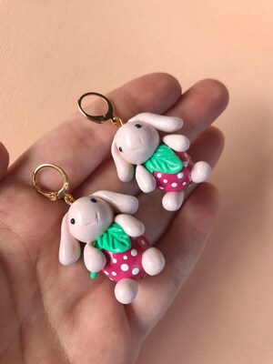Strawberry bunny earrings, kawaii bunny earrings, cottagecore jewelry, cute bunny plushie earrings, quirky jewelry, funky earrings - image3
